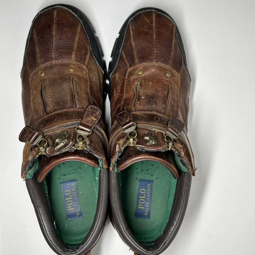 Polo Ralph‎ Lauren Conquest III Boots Mens 13 Brown Leather Good Dual Zip Strap